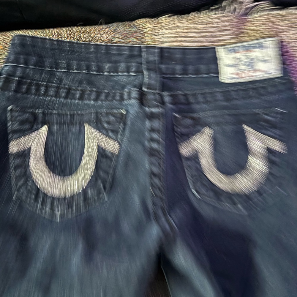 True Religion Women’s Navy Slim Straight Jeans with White Horseshoe Stitch